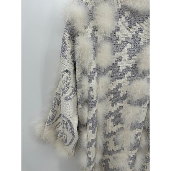 RANCOGJERRS Grey White Knit Long Sleeve Fuzzy Cardigan Jacket‎ Women's Large - Picture 10 of 14